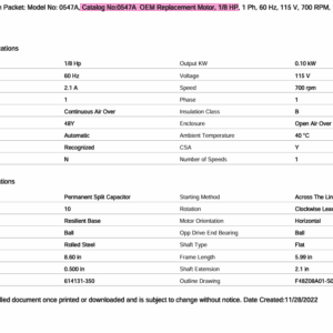 Century 1/8 HP motor spec sheet