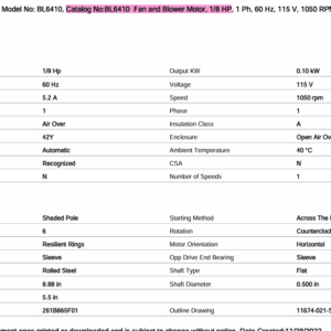 BL6410 fan and blower motor spec sheet