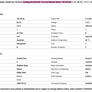 Fan and blower motor specifications sheet.