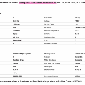 BL6530 fan and blower motor spec sheet