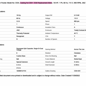 Replacement motor specifications document with technical details.