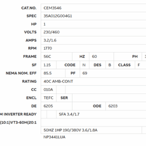 CEM3546 1HP motor specification table