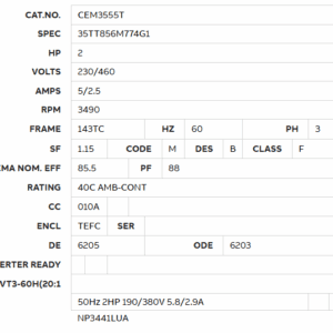 Electrical motor specification details in tabular format.