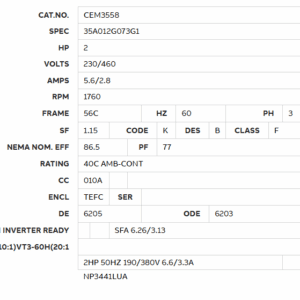 Electrical motor specification label, technical details.