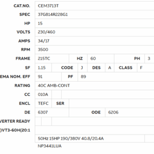 CEM3713T 15HP 230/460V motor data