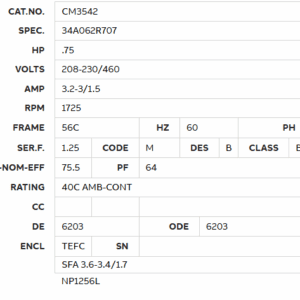 CM3542 three phase motor nameplate