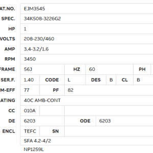 EJM3545 motor data table, 1 HP, 3450 RPM