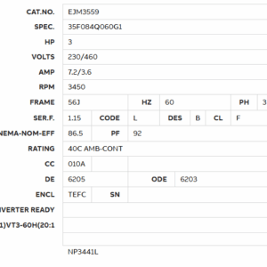 EJM3559 3HP motor specification table