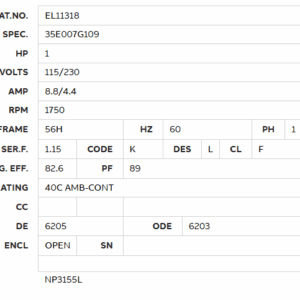 Motor EL11318 specifications table 1HP 115/230V