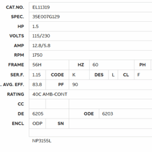 EL11319 motor specification table