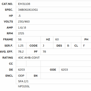 EM31108 0.5HP motor data sheet