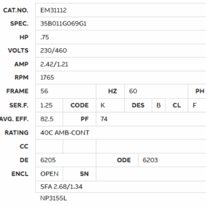 EM31112 0.75HP motor data sheet