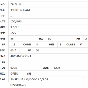 EM31116 1HP motor specification table