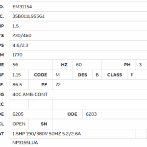 EM31154 1.5HP three-phase motor specs