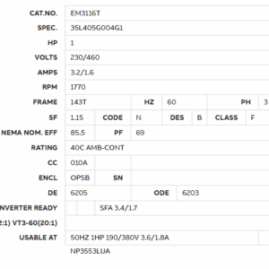 EM3116T motor spec sheet, 1 HP, 1770 RPM