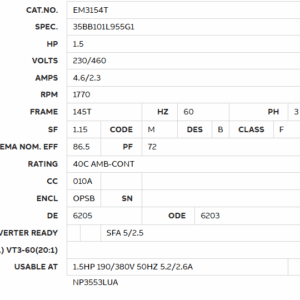 EM3154T motor spec sheet 1.5 HP 230/460V