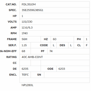 Electrical motor specification table with various details.
