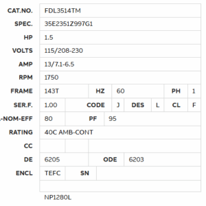 Single-phase 1.5 HP 115/208-230V motor specs