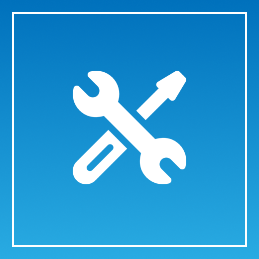 Wrench and screwdriver icon on blue background.
