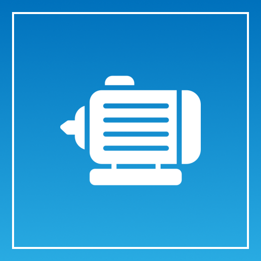 White motor icon on blue background.