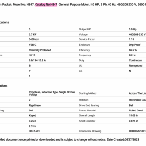 Century H847 general purpose motor data