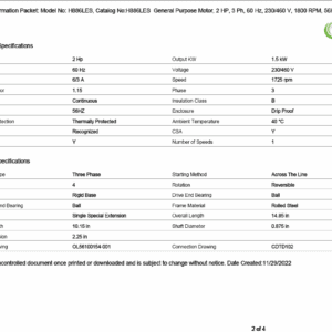 H886LES 2 HP three phase motor specs