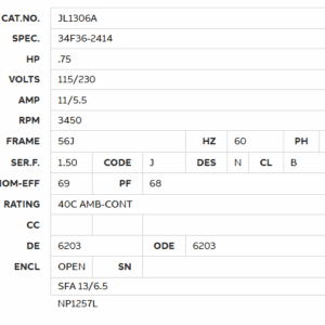 JL1306A 0.75HP single-phase motor data