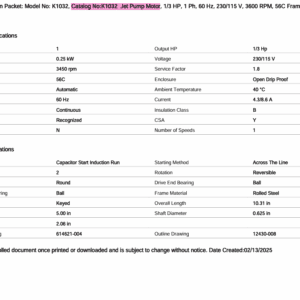 K1032 jet pump motor specification sheet