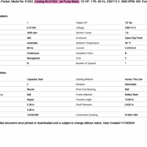 Motor specifications table for Century model K1052.