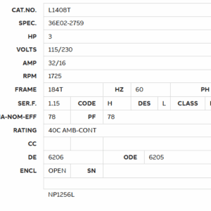 Catalog specifications table with various electrical details.