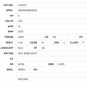 Motor specifications table with various technical details.