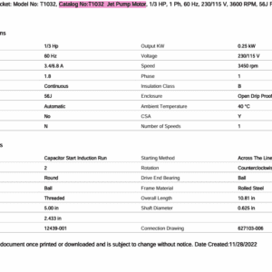 Jet pump motor specifications document snapshot.
