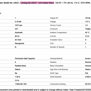 Technical specifications for a unit heater motor.