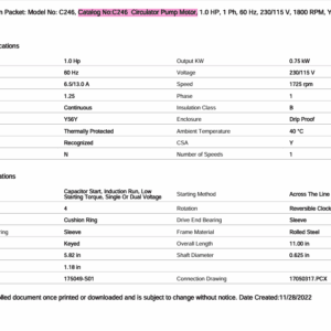 Product information sheet for motor specifications.
