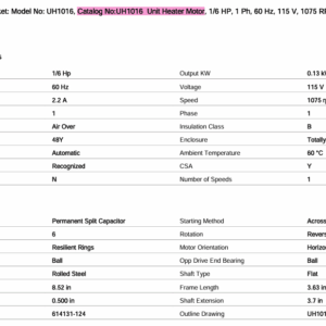 UH1016 unit heater motor specifications sheet