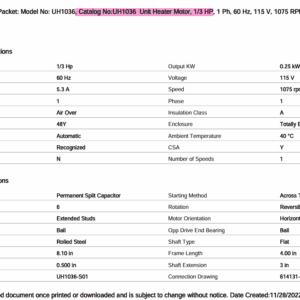 Century UH1036 unit heater motor specifications