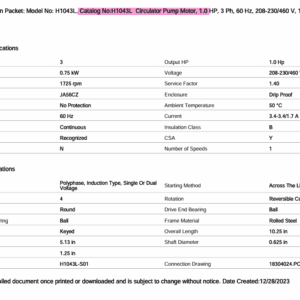 Centrifugal pump motor specifications sheet.