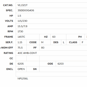 VL1321T motor spec 1.5 HP 115/230V