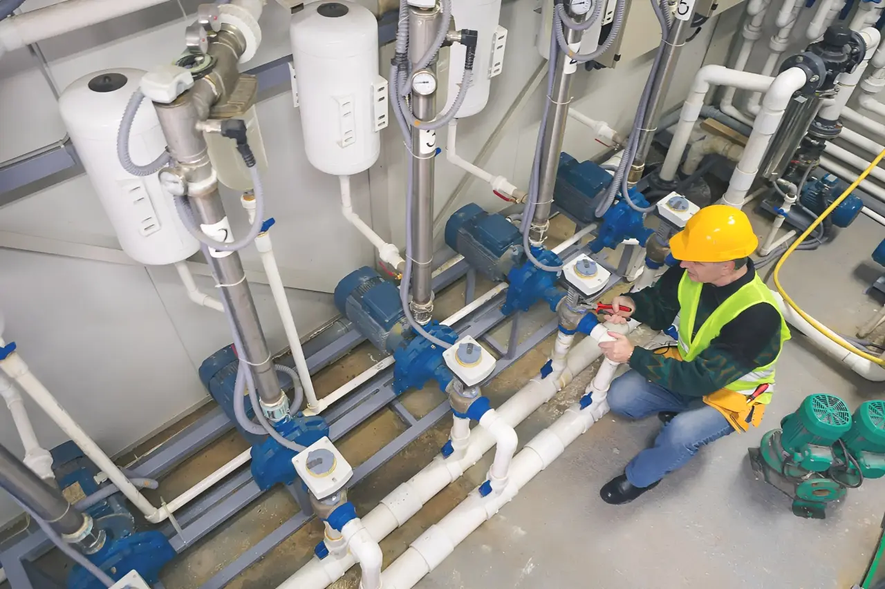 Worker inspecting industrial pipes and valves.