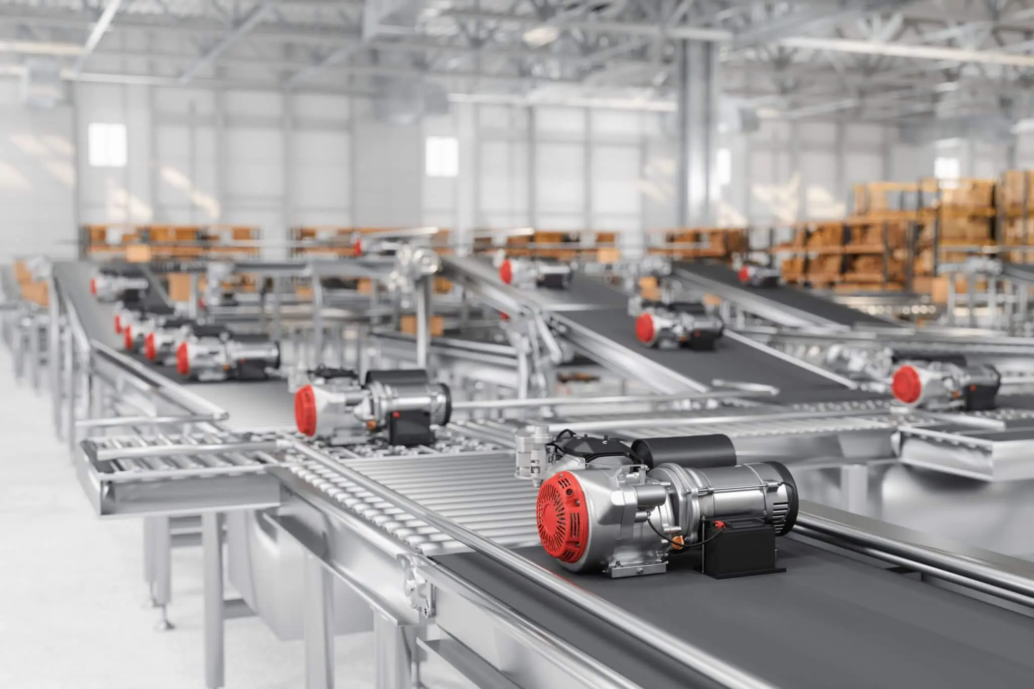 Industrial conveyor belts in a warehouse setting.