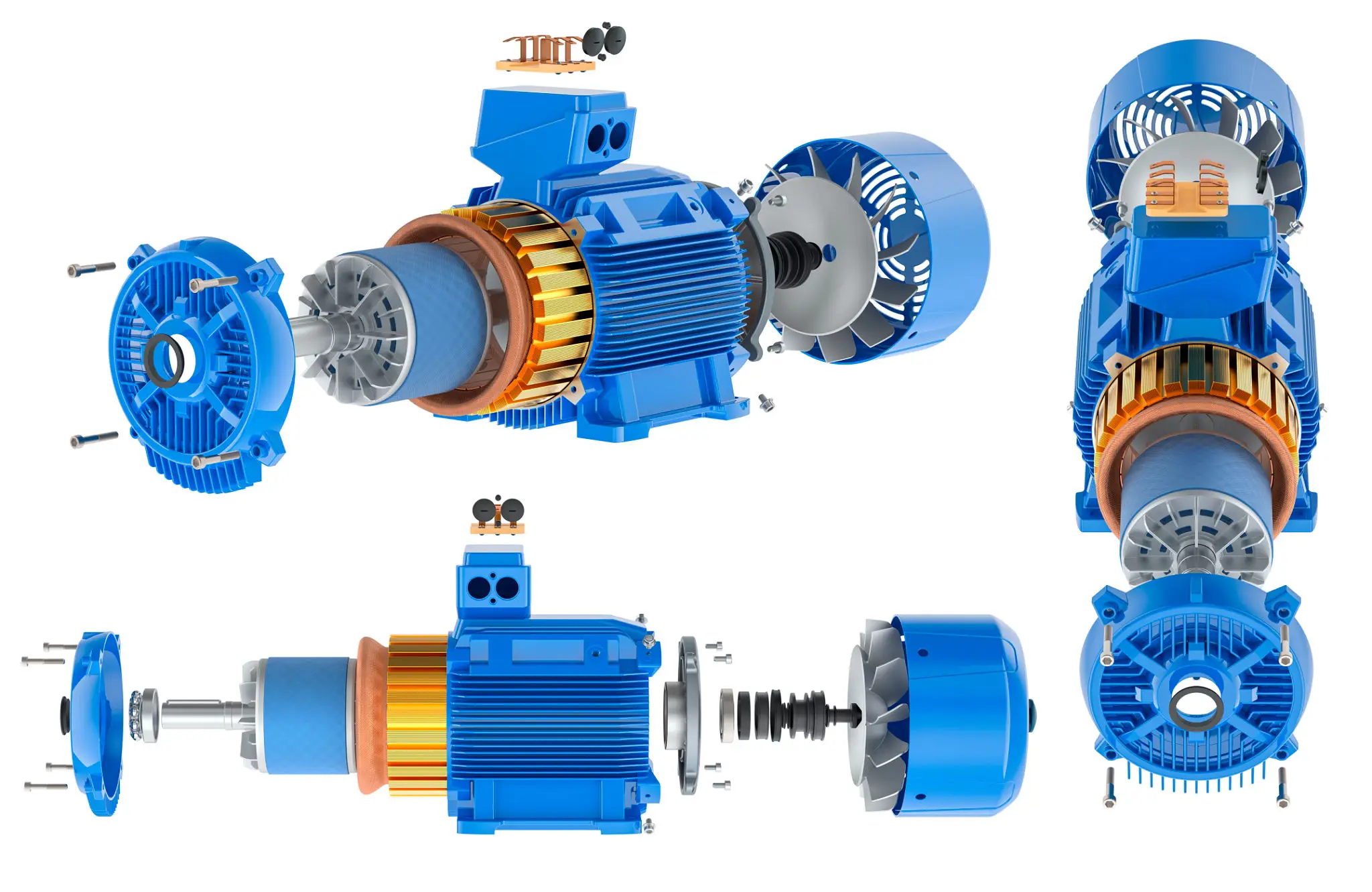 Exploded view of blue electric motor components.